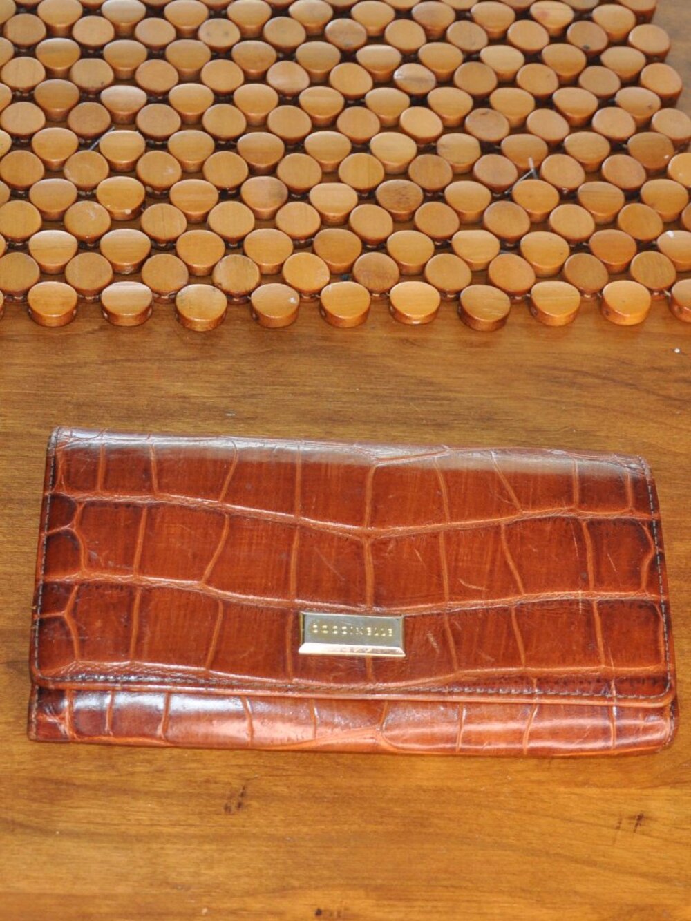 Vintage Coccinelle Brown Leather Croc Embossed Folding Flap Snap Wallet